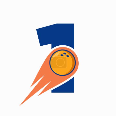 Téléchargez les illustrations : Lettre 1 Logo Bowling. Symbole de boule de bowling avec icône de boule mobile rouge - en licence libre de droit