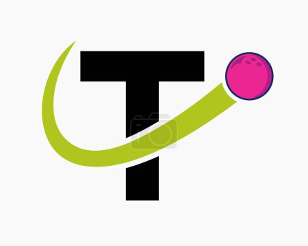 Téléchargez les illustrations : Lettre T Bowling Logo. Symbole de boule de bowling avec icône de boule mobile - en licence libre de droit