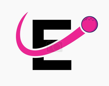 Téléchargez les illustrations : Logo de bowling de la lettre E. Symbole de boule de bowling avec icône de boule mobile - en licence libre de droit
