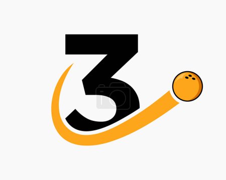 Téléchargez les illustrations : Lettre 3 Logo Bowling. Symbole de boule de bowling avec icône de boule mobile - en licence libre de droit