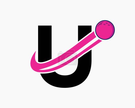 Téléchargez les illustrations : Logo U Bowling. Symbole de boule de bowling avec icône de boule mobile - en licence libre de droit