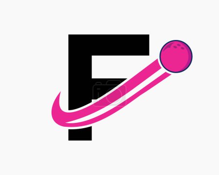 Téléchargez les illustrations : Lettre F Logo Bowling. Symbole de boule de bowling avec icône de boule mobile - en licence libre de droit