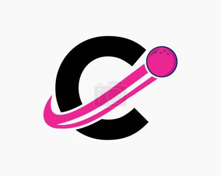 Téléchargez les illustrations : Logo Bowling lettre C. Symbole de boule de bowling avec icône de boule mobile - en licence libre de droit