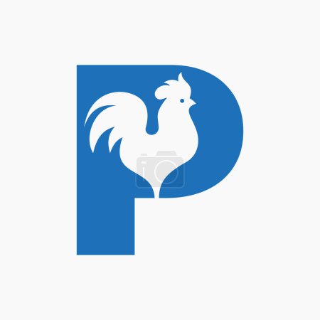 Illustration for Letter P Poultry Logo With Hen Symbol. Chicken Logo, Rooster Sigh Vector Template - Royalty Free Image