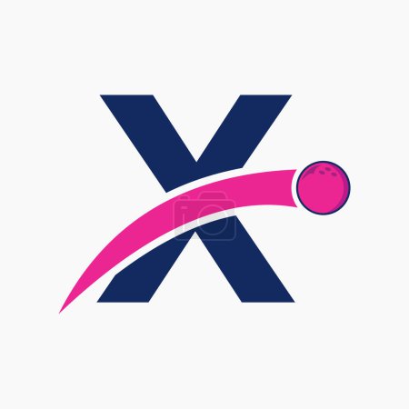Téléchargez les illustrations : Logo de bowling de la lettre X. Symbole de boule de bowling avec icône de boule mobile - en licence libre de droit