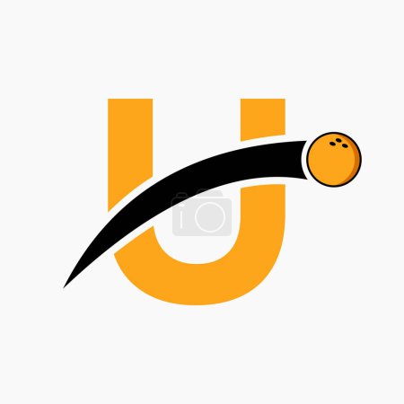 Téléchargez les illustrations : Logo U Bowling. Symbole de boule de bowling avec icône de boule mobile - en licence libre de droit