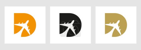 Tropical Travel Logo On Letter D Concept. Airplane Flight Symbol Template