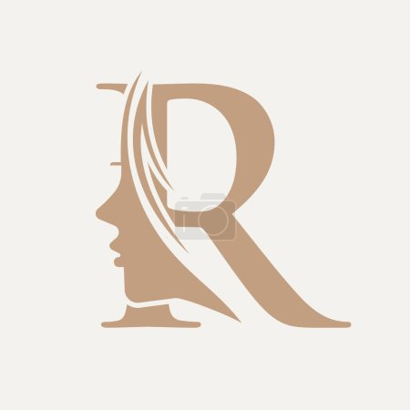 Téléchargez les illustrations : Logo de visage de femme sur la lettre R. Symbole de spa de beauté avec l'icône de visage de femme - en licence libre de droit