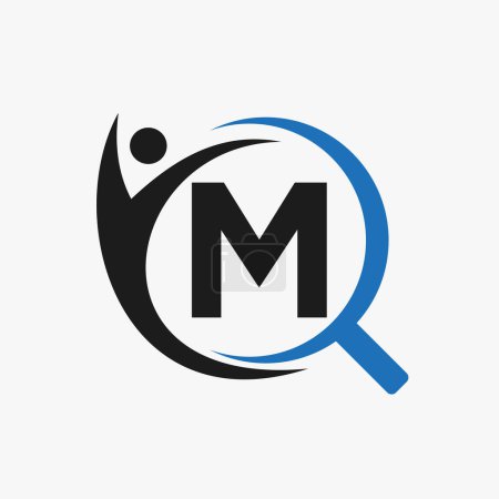 Letra M Búsqueda y Heathcare Logo Design. Símbolo del logotipo del buscador comunitario