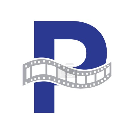 Buchstabe P mit Filmrollen-Symbol. Streifen-Film-Logo für Filmplakat und Unterhaltungskonzept