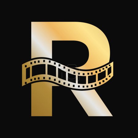 Buchstabe R mit Filmrollen-Symbol. Streifen-Film-Logo für Filmplakat und Unterhaltungskonzept