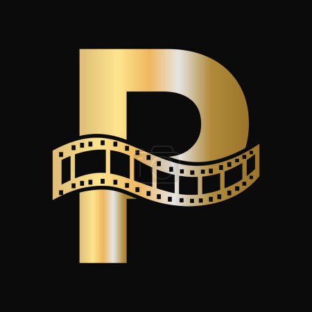 Buchstabe P mit Filmrollen-Symbol. Streifen-Film-Logo für Filmplakat und Unterhaltungskonzept