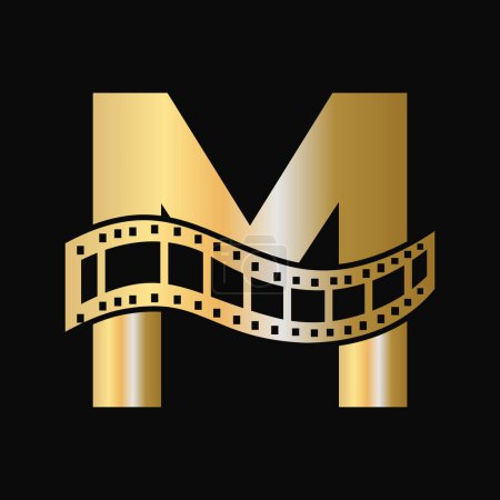 Buchstabe M mit Filmrollen-Symbol. Streifen-Film-Logo für Filmplakat und Unterhaltungskonzept