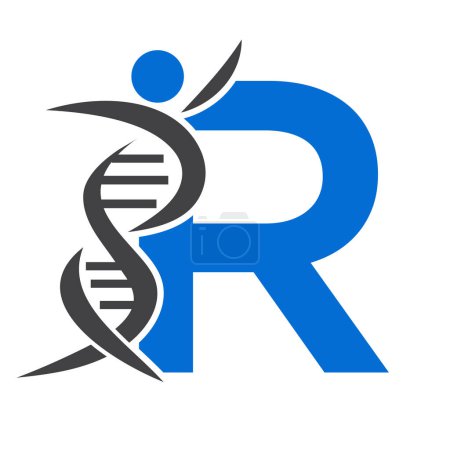 Logo ADN R avec symbole humain. Icône cellulaire ADN. Signe Soins de santé