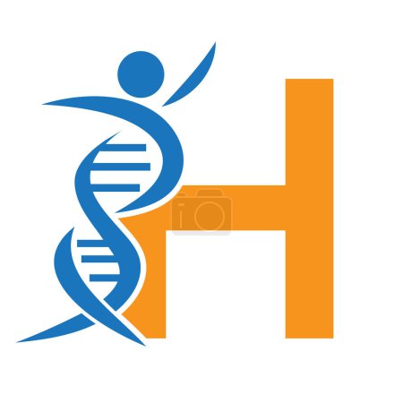Buchstabe H DNA-Logo mit menschlichem Symbol. Ikone der DNA-Zelle. Zeichen der Gesundheitsversorgung