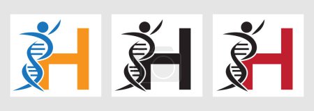 Letter H DNA Logo With Human Symbol. DNA Cell Icon. Health Care Sign