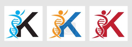 Ilustración de Letra K ADN Logo con Símbolo Humano. Icono de células de ADN. Signo de atención médica - Imagen libre de derechos