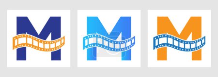 Buchstabe M mit Filmrollen-Symbol. Streifen-Film-Logo für Filmplakat und Unterhaltungskonzept