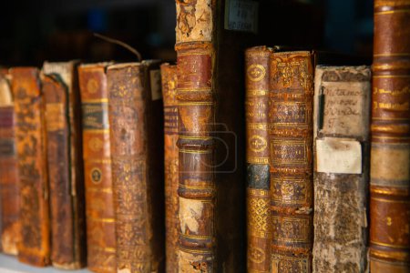 Téléchargez les photos : De très vieux livres assis sur les étagères de la bibliothèque. Les livres comme symbole de la connaissance. - en image libre de droit