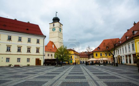 Medieval street with historical buildings in the heart of Romania. Sibiu the eastern European citadel city. Travel in Europe