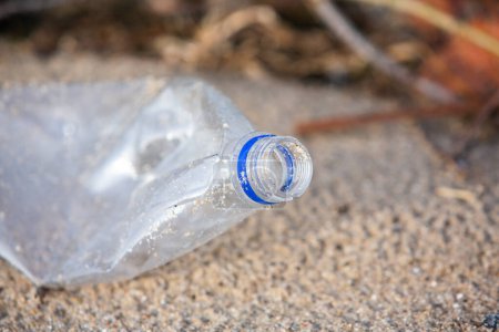 Botella de plástico en la orilla del lago. Contaminación ambiental. Residuos plásticos en la playa.