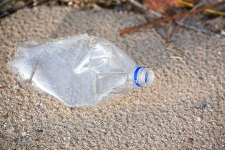 Plastikflasche am Ufer des Sees. Umweltverschmutzung. Plastikmüll am Strand.
