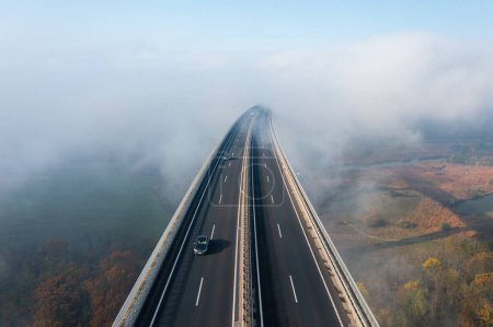 Photo for Aerial view about the famous Viaduct of Koroshegy covered by fog, near lake Balaton. - Royalty Free Image