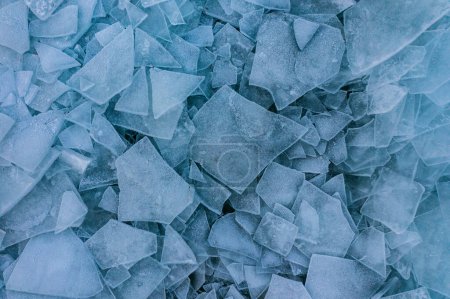 Aerial view about piled up ice floes on lake Balaton at Fonydliget, Hungary. Abstract ice formation background.