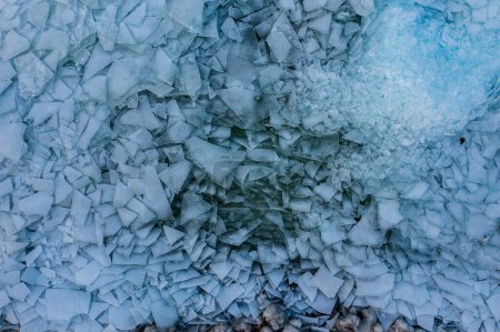 Aerial view about piled up ice floes on lake Balaton at Fonyodliget, Hungary. Abstract ice formation background.