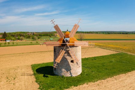 Aerial view about traditional windmill at Tes, Veszprem county, Hungary. Hungarian name is Tesi szelmalmok.