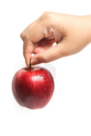 Main tenant pomme rouge fraîche biologique délicieux fruits isolés sur fond blanc chemin de coupe