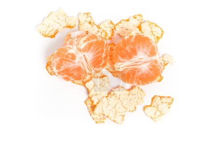 Photo for Peel and sliced fresh organic orange delicious fruit top view isolated on white background clipping path - Royalty Free Image