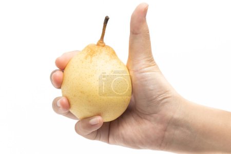 Mano sosteniendo fruta deliciosa pera amarilla orgánica fresca con dedo pulgar aislado en el camino de recorte de fondo blanco