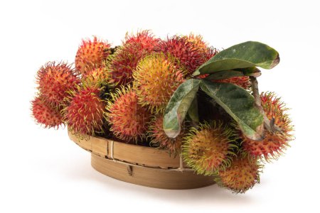 Ein Bund frischer Bio-Rambutan köstliche Früchte in einem Bambus-Korbteller isoliert auf weißem Hintergrund Clipping Pfad