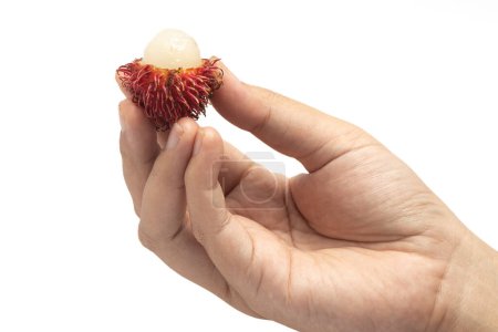 Hand hält halb geschnittene frische Bio-Rambutan köstliche Früchte isoliert auf weißem Hintergrund Clipping Pfad