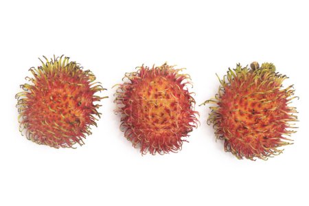 Drei frische Bio-Rambutan köstliche Früchte Draufsicht isoliert auf weißem Hintergrund Clipping Pfad