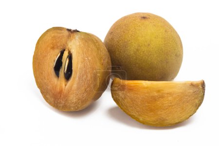 Half cut sliced and whole fresh organic sapodilla delicious fruit isolated on white background clipping path