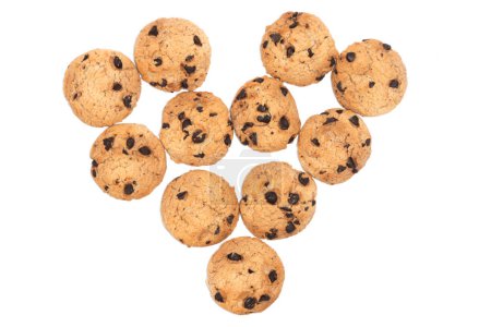 Group of chocolate chip cookies heart photo concept top view isolated on white background clipping path