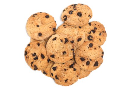 Group of chocolate chip cookies top view isolated on white background clipping path