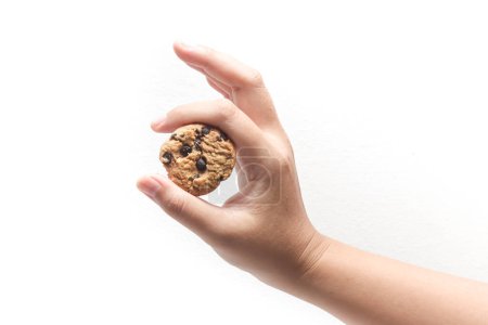Hand holding chocolate chip cookies isolated on white background clipping path