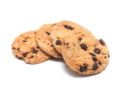 Four chocolate chip cookies isolated on white background clipping path