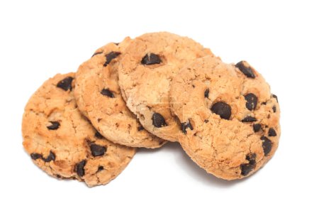 Four chocolate chip cookies top view isolated on white background clipping path