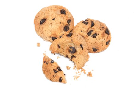 Broken of chocolate chip cookies with crumble top view isolated on white background clipping path