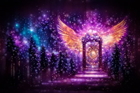 Beautiful crystal heaven. Crystal gate with wings. Digital art