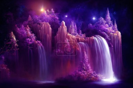 Beautiful mystical landscape with a crystal waterfall and a beautiful purple forest in the cosmic space. Digital art