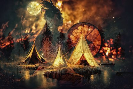 Photo for Indian teepee standing in beautiful night landscape and shaman woman. Collage of digital art and real photos - Royalty Free Image