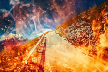 Photo for Beautiful road in mountain and mountains in background. Fire effect - Royalty Free Image