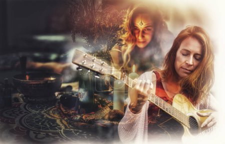 Photo for Enchanting woman playing guitar, in the background shaman woman and altar, Ceremony collage - Royalty Free Image