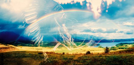 Photo for Beautiful landscape with rainbow and silhouette of Indian woman playing on flute. - Royalty Free Image