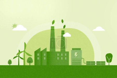 Green industry and alternative renewable energy.Green eco friendly cityscape background.Ecology and environment concept.Vector illustration.